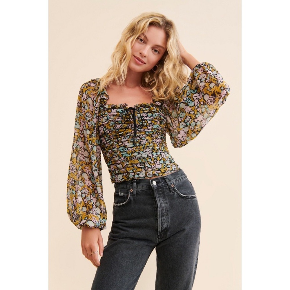 Free People Mabel Printed Blouse Floral Ruched Lace Up Size Medium Multicolor